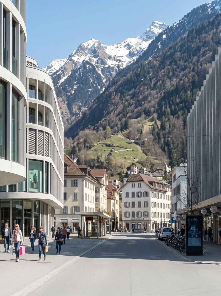 Eine moderne Fußgänger-Einkaufsstraße in Chur, Schweiz, mit Fußgängern und Einkaufstüten, kontrastiert von den mächtigen, schneebedeckten Schweizer Alpen, die direkt hinter den Stadtgebäuden emporragen.