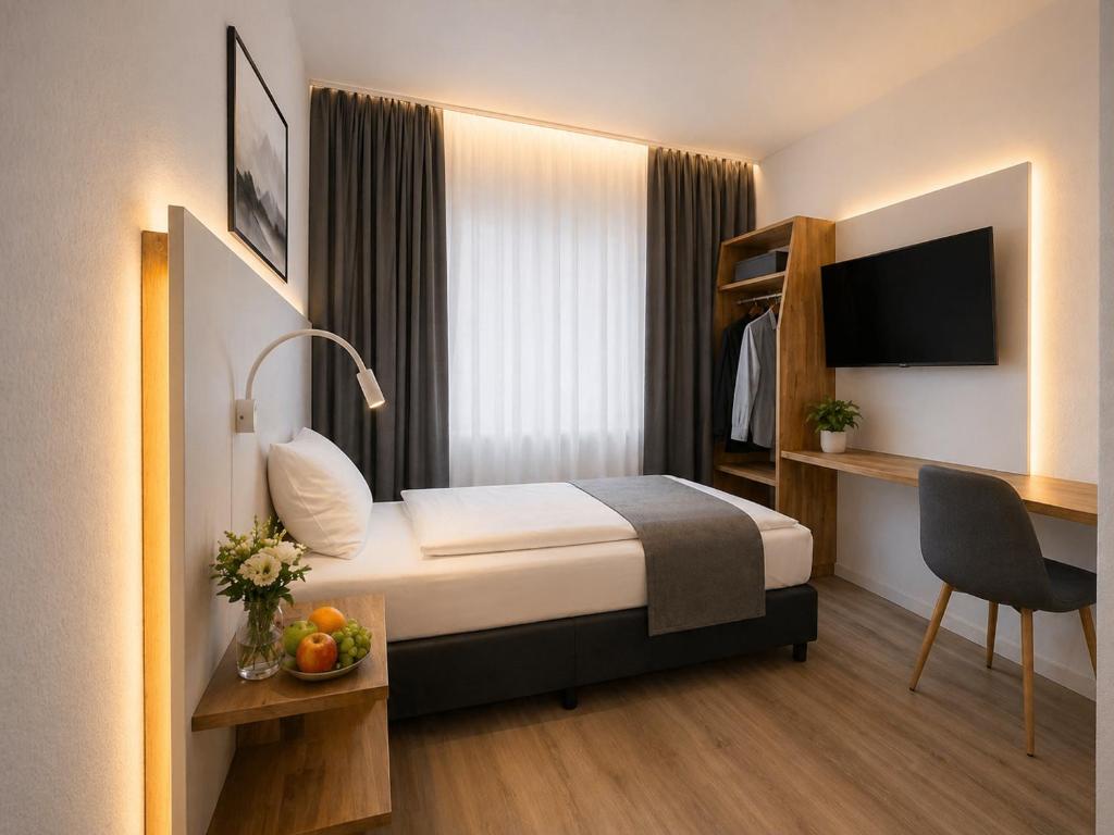 Modernes Standard-Einzelzimmer im Hotel Drei Könige in Chur, ausgestattet mit einem Einzelbett mit grauem Läufer, einem wandmontierten Fernseher, einem langen Holzschreibtisch und warmer LED-Hintergrundbeleuchtung.